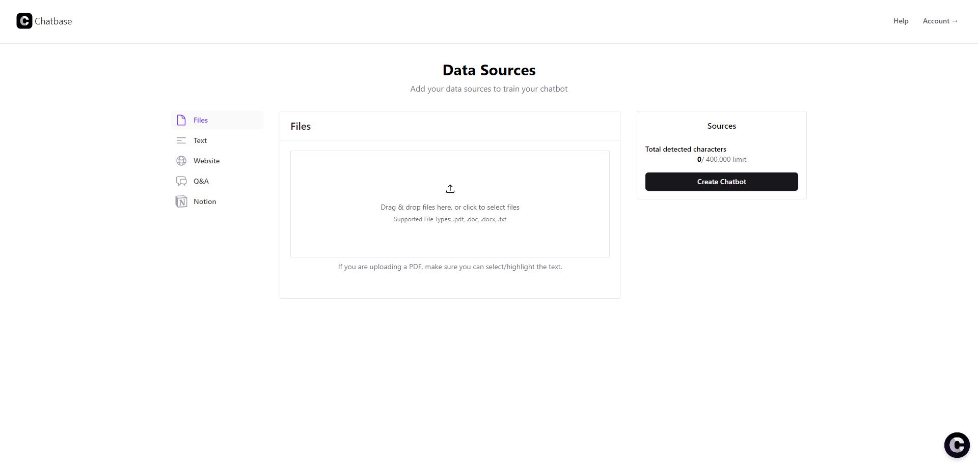 chatbase dashboard panel with file upload section and other modules