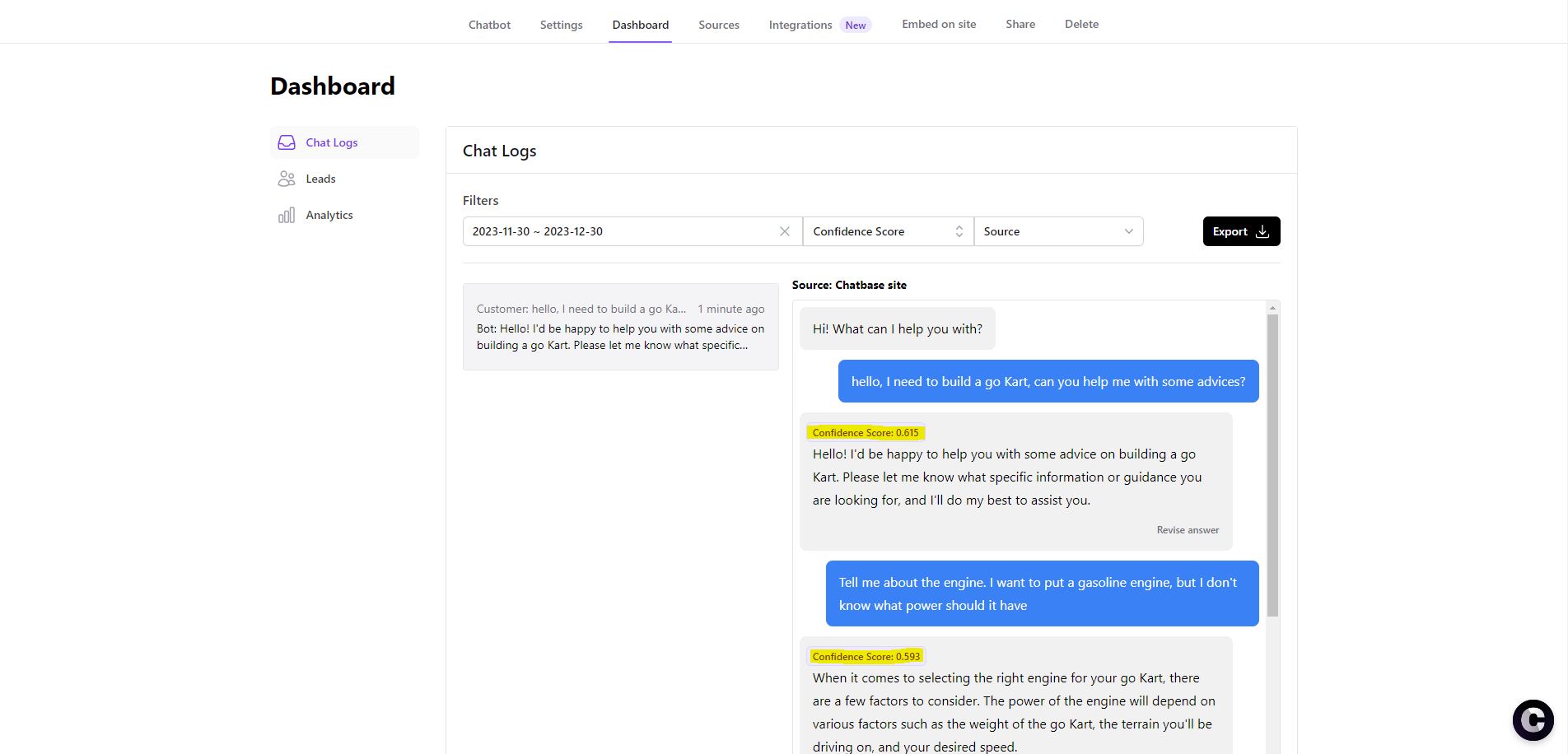 Chatbase ai dashboard for analyze the confidence score of the chatbot