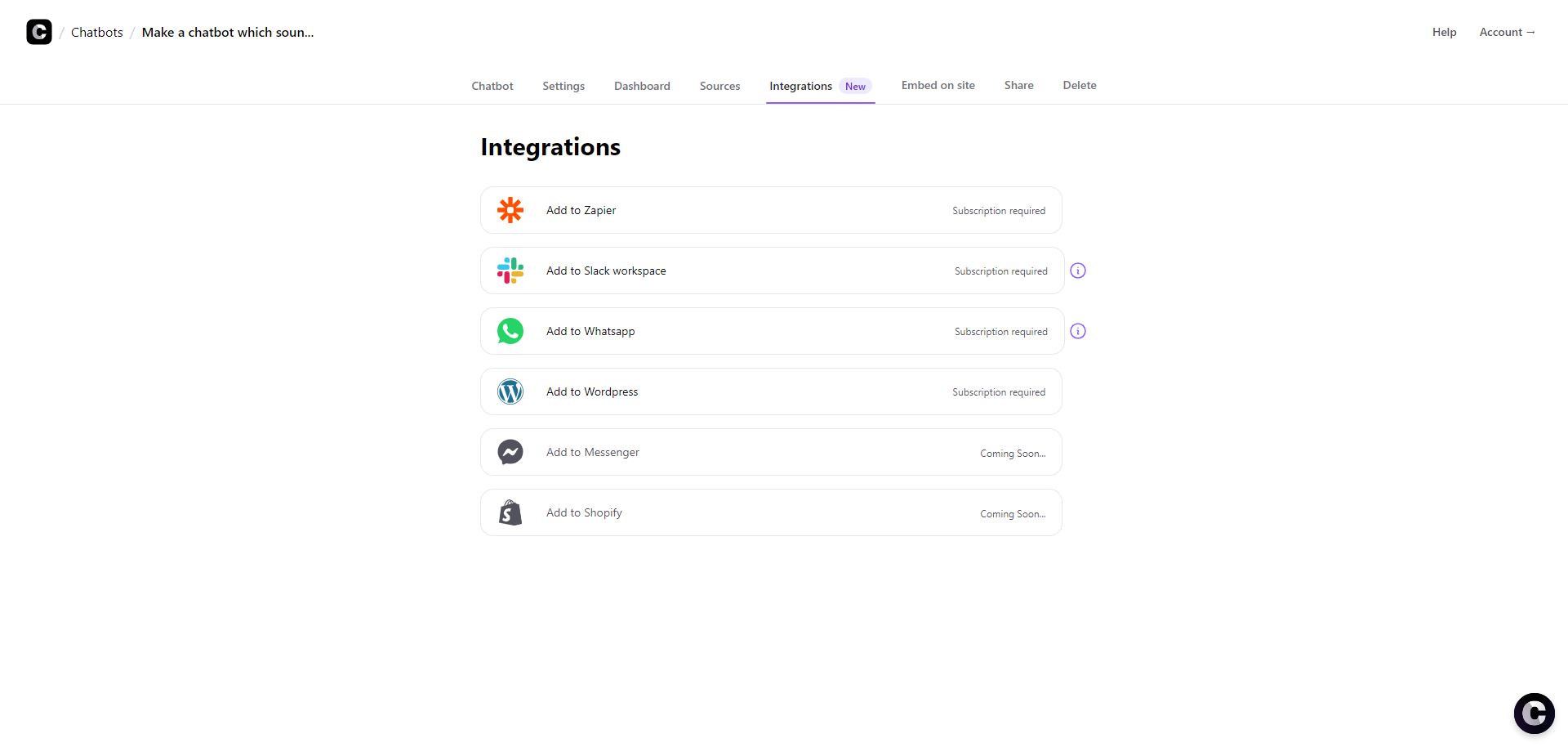 Chatbase integrations panel from where you can choose what platform you use